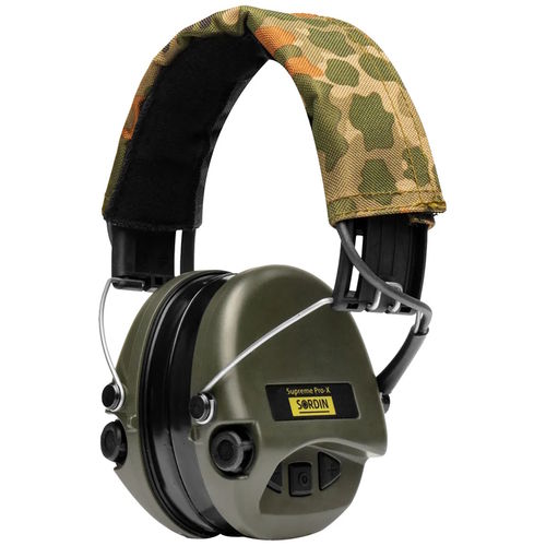 Sordin Supreme Pro-X (ACE) Active Capsule Hearing Protection - EN 352 -with German-Camo Fabric Strap
